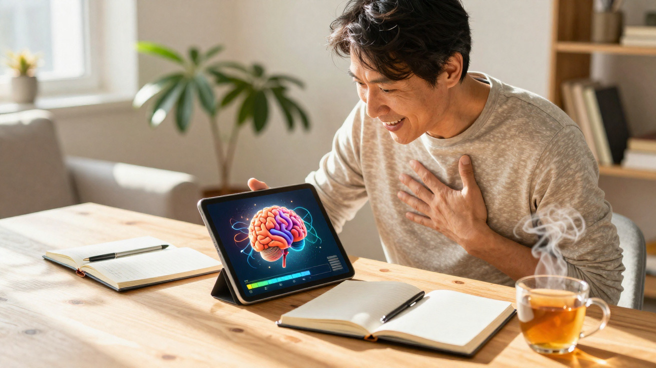 Homem sentado a sorrir a olhar para tablet com imagem digital de cérebro numa mesa com cadernos e chá.