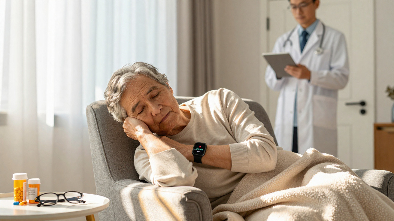 Idoso a descansar no sofá com smartwatch, com médico de pé a observar e anotar informações ao fundo.