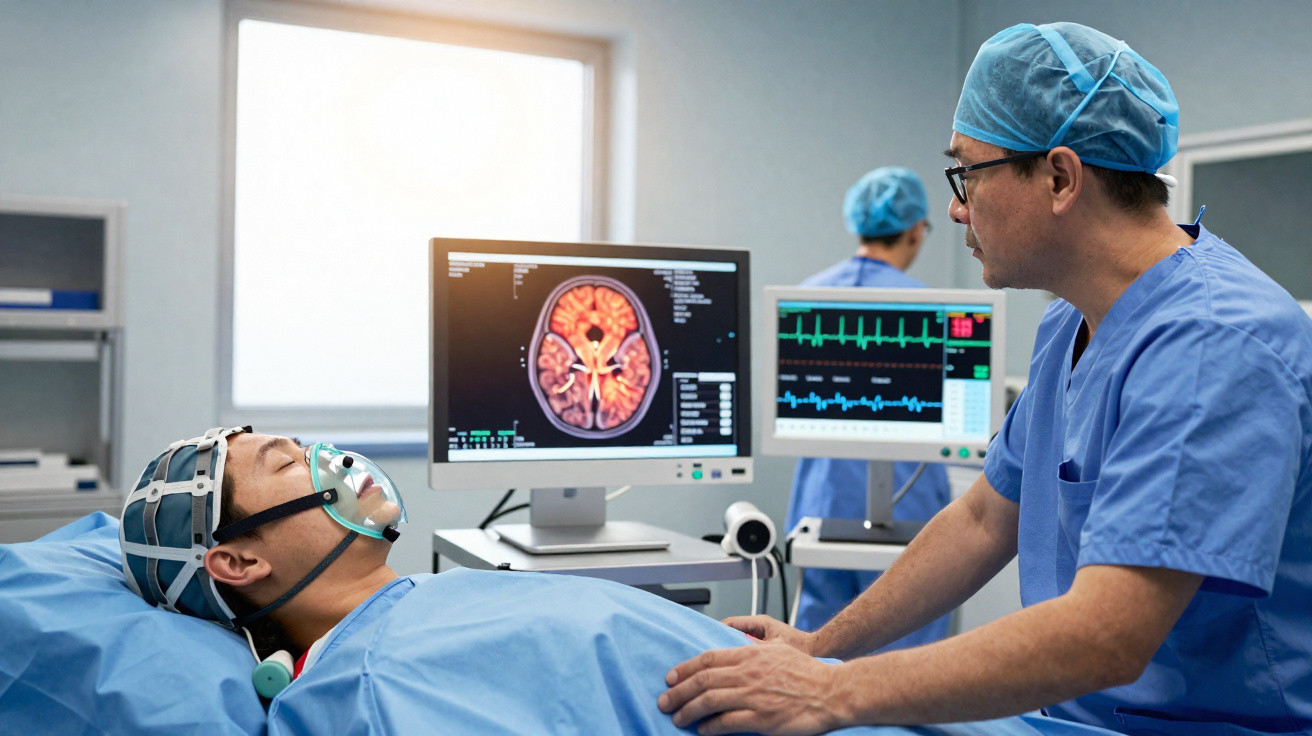 Paciente deitado com equipamento médico a receber acompanhamento de médico e imagem cerebral num monitor.