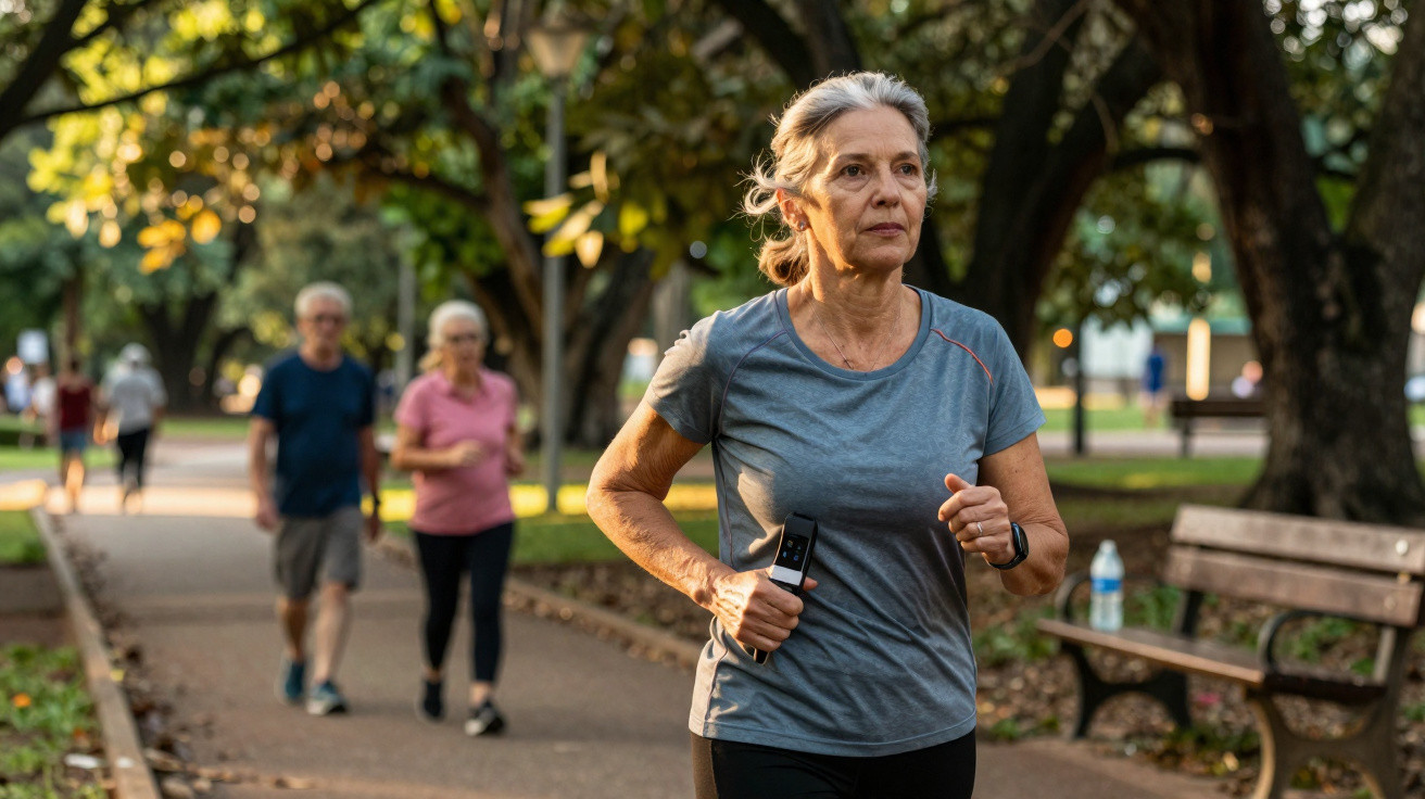 Mulher sénior a correr num parque, com outras pessoas a caminhar ao fundo, rodeada de árvores e bancos.