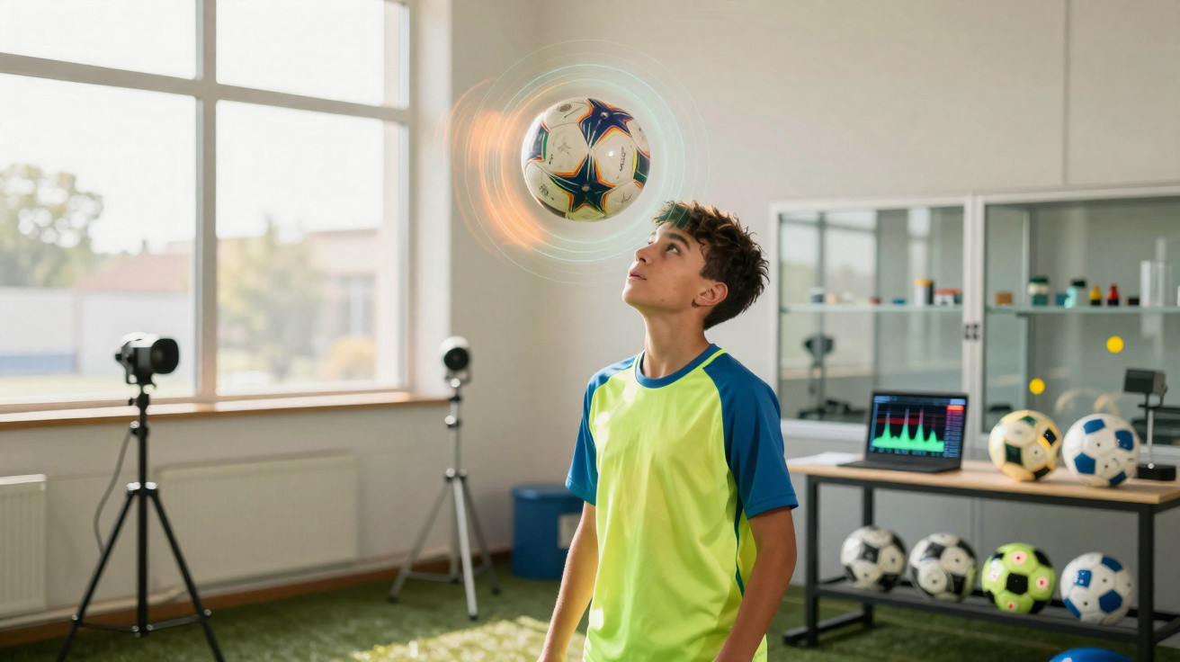 Rapaz com camisola desportiva verde e azul a olhar para bola de futebol flutuante num laboratório desportivo.