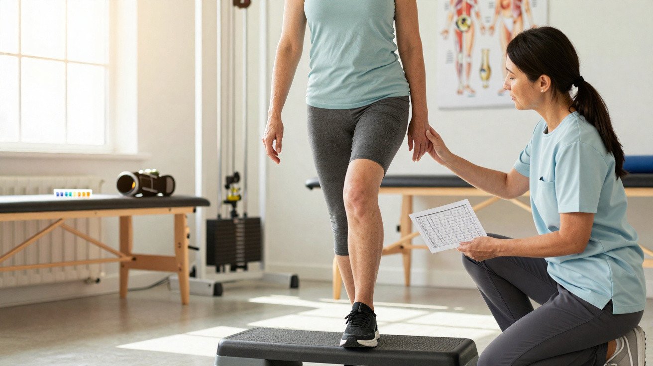 Fisioterapeuta a apoiar mulher a fazer exercício de reabilitação numa clínica iluminada.