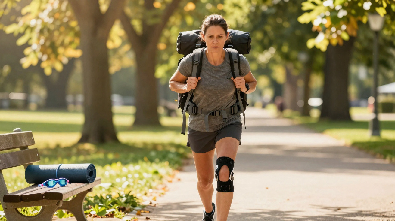 Mulher com mochila e joelheira a correr num parque ensolarado com bancos e árvores ao fundo.
