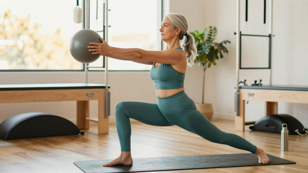 Mulher madura a fazer exercício de alongamento com bola numa sala de pilates iluminada.