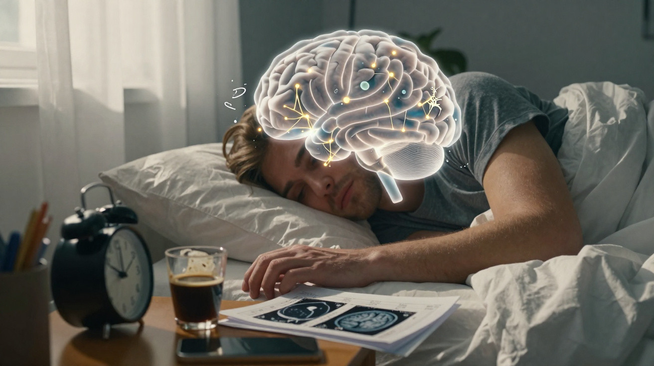 Homem a dormir numa cama, com ilustração de cérebro e exames ao lado, despertador e café na mesa.