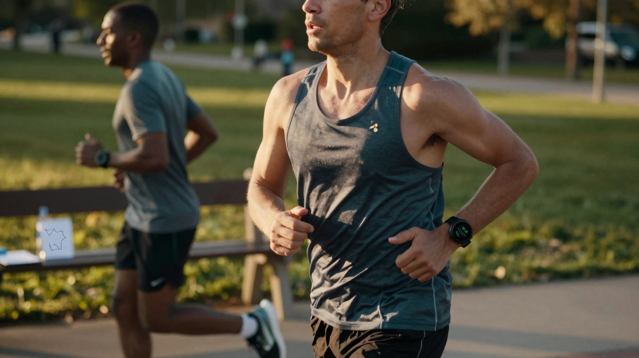 Homem a correr ao ar livre num parque com relógio desportivo e outra pessoa a correr ao fundo.