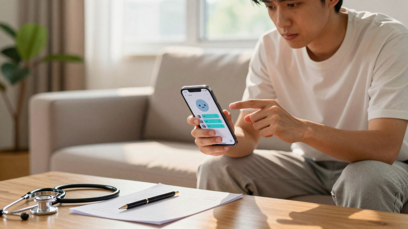 Homem sentado no sofá a consultar uma app de saúde no telemóvel, com estetoscópio e papel na mesa.