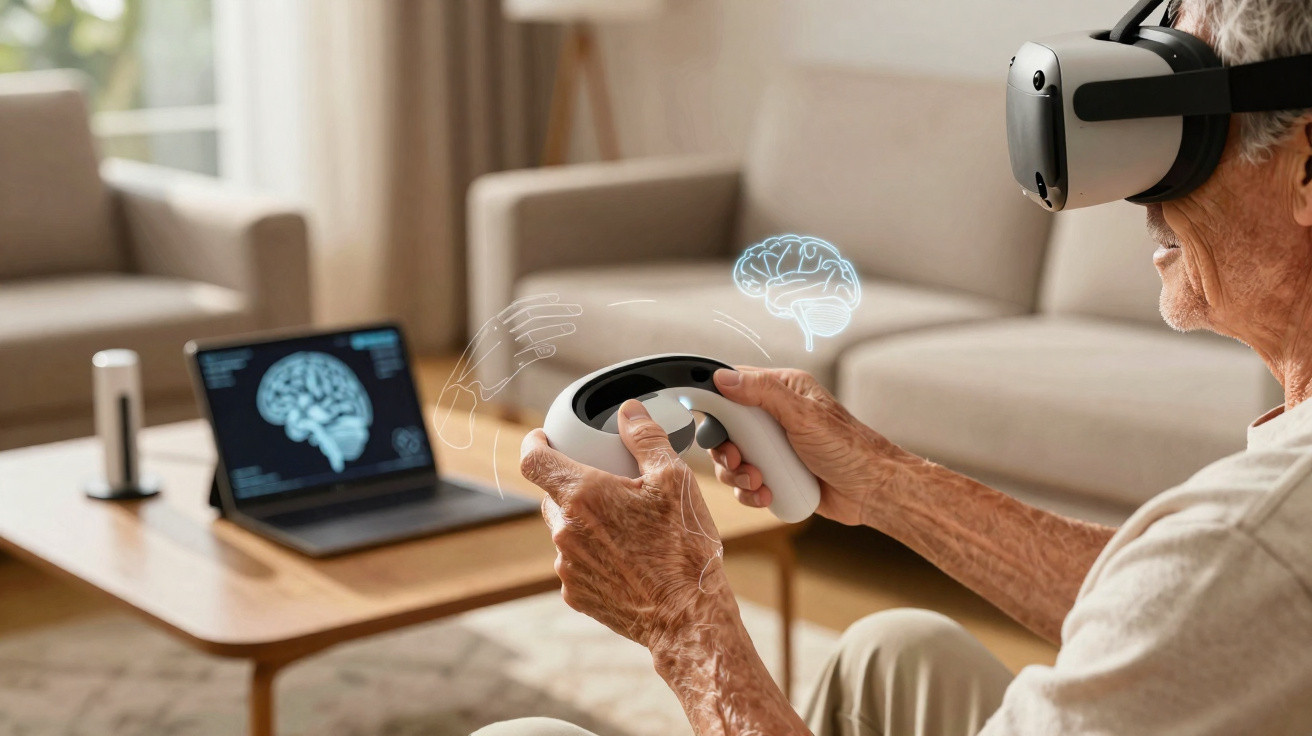 Idoso com óculos de realidade virtual a interagir com controlador, ao fundo um portátil com imagem de cérebro.