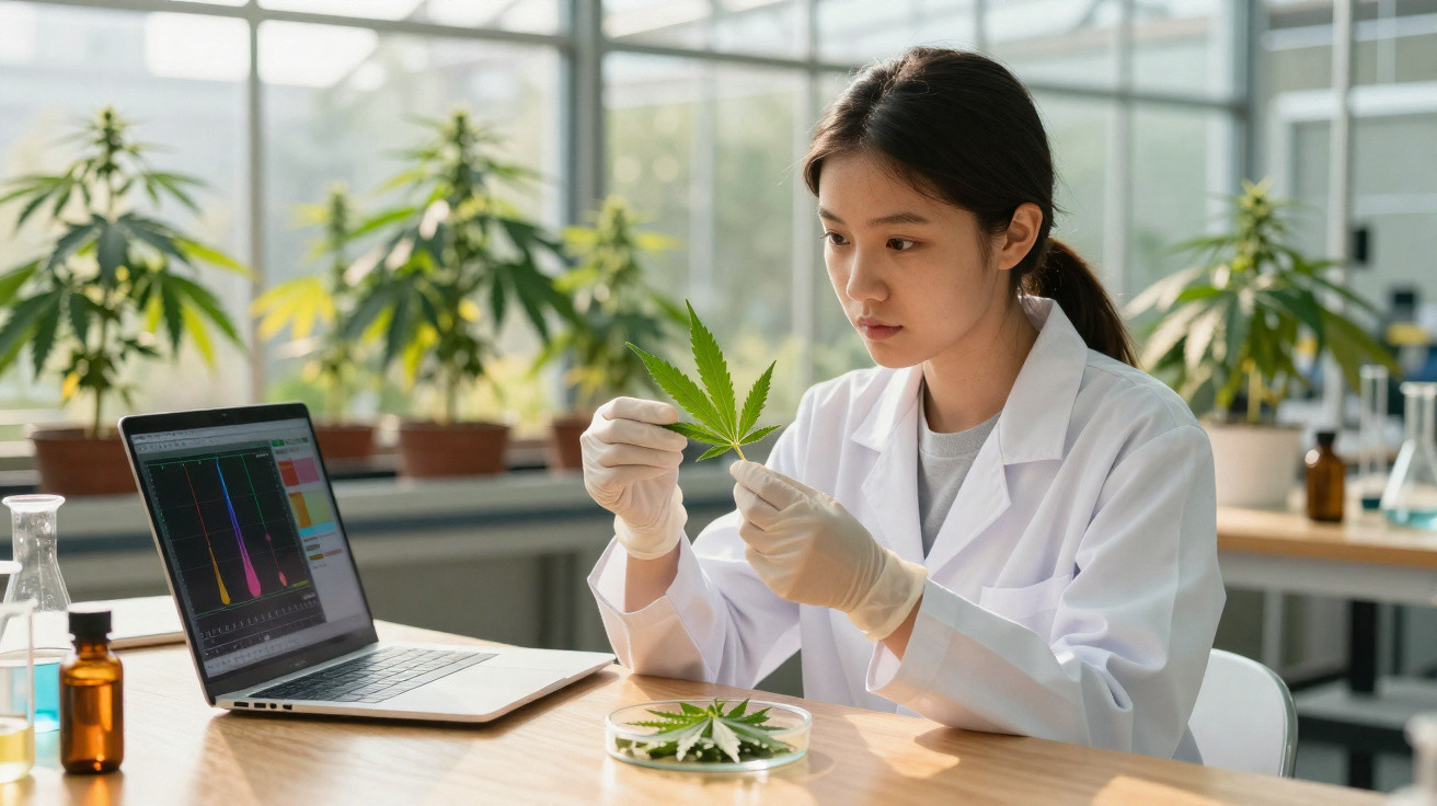 Investigadora de laboratório a analisar folha de planta de cannabis com gráfico em portátil ao lado.
