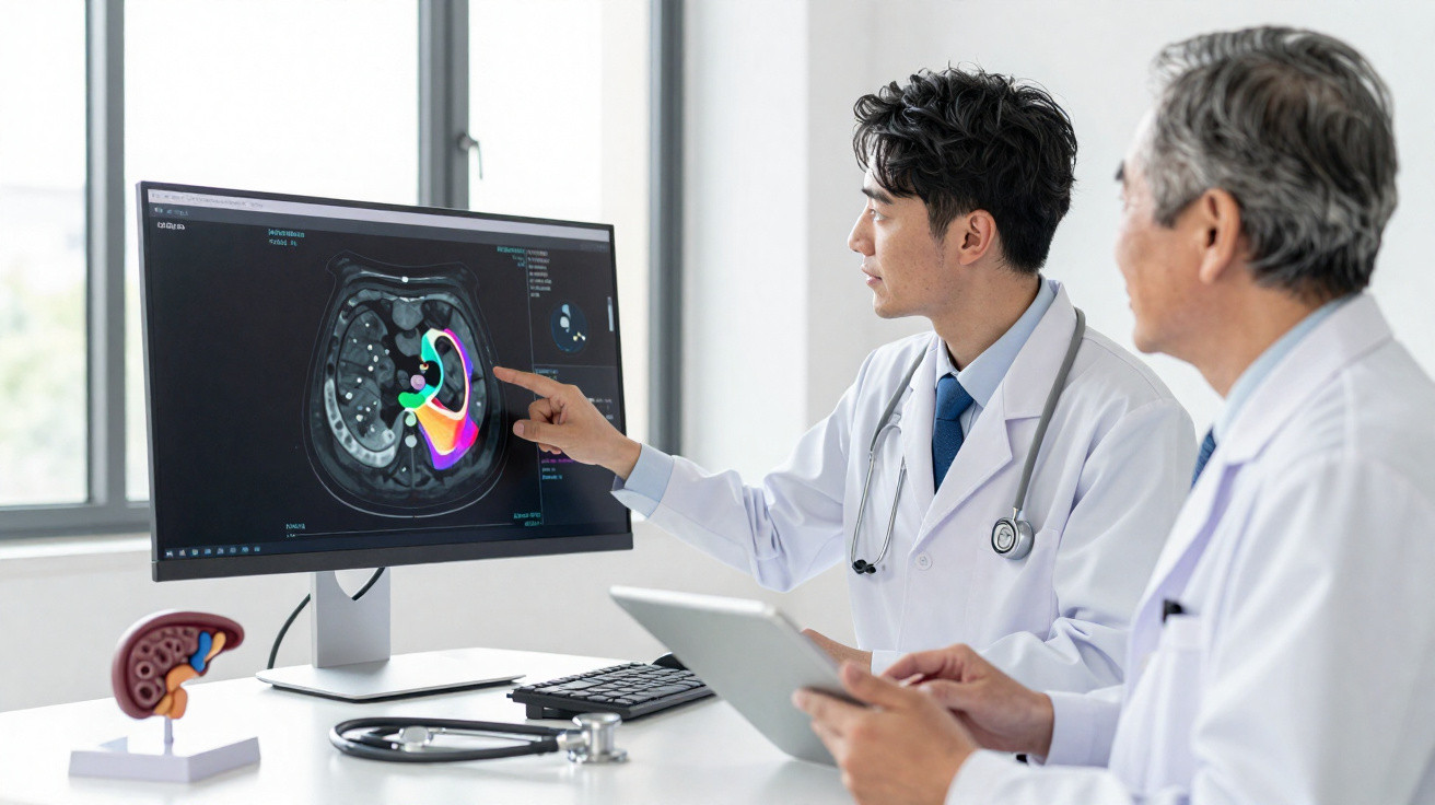 Dois médicos analisam uma imagem de tomografia colorida de um rim num ecrã de computador.