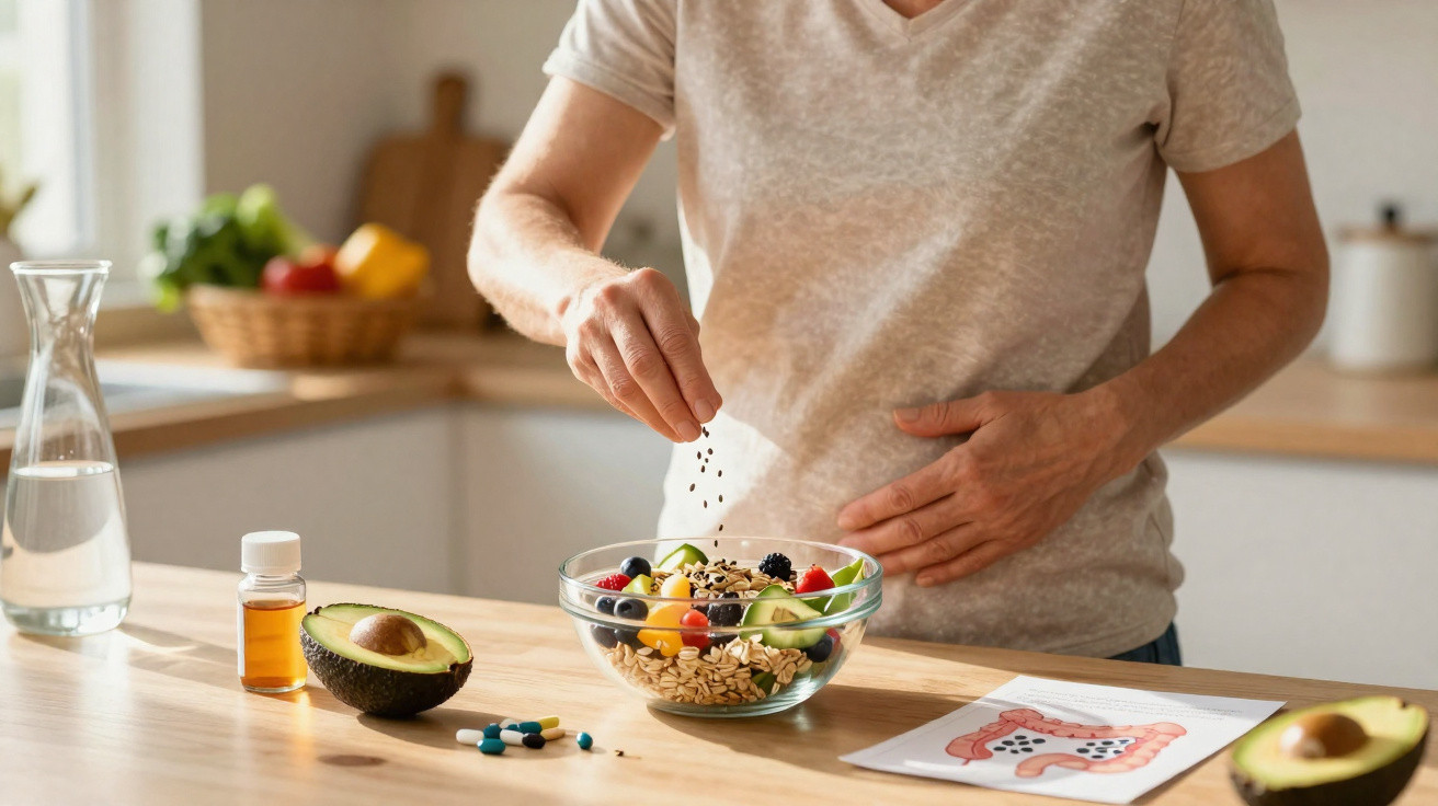 Pessoa tempera salada de fruta com aveia na cozinha, ao lado de abacate, medicamentos e ilustração do intestino.