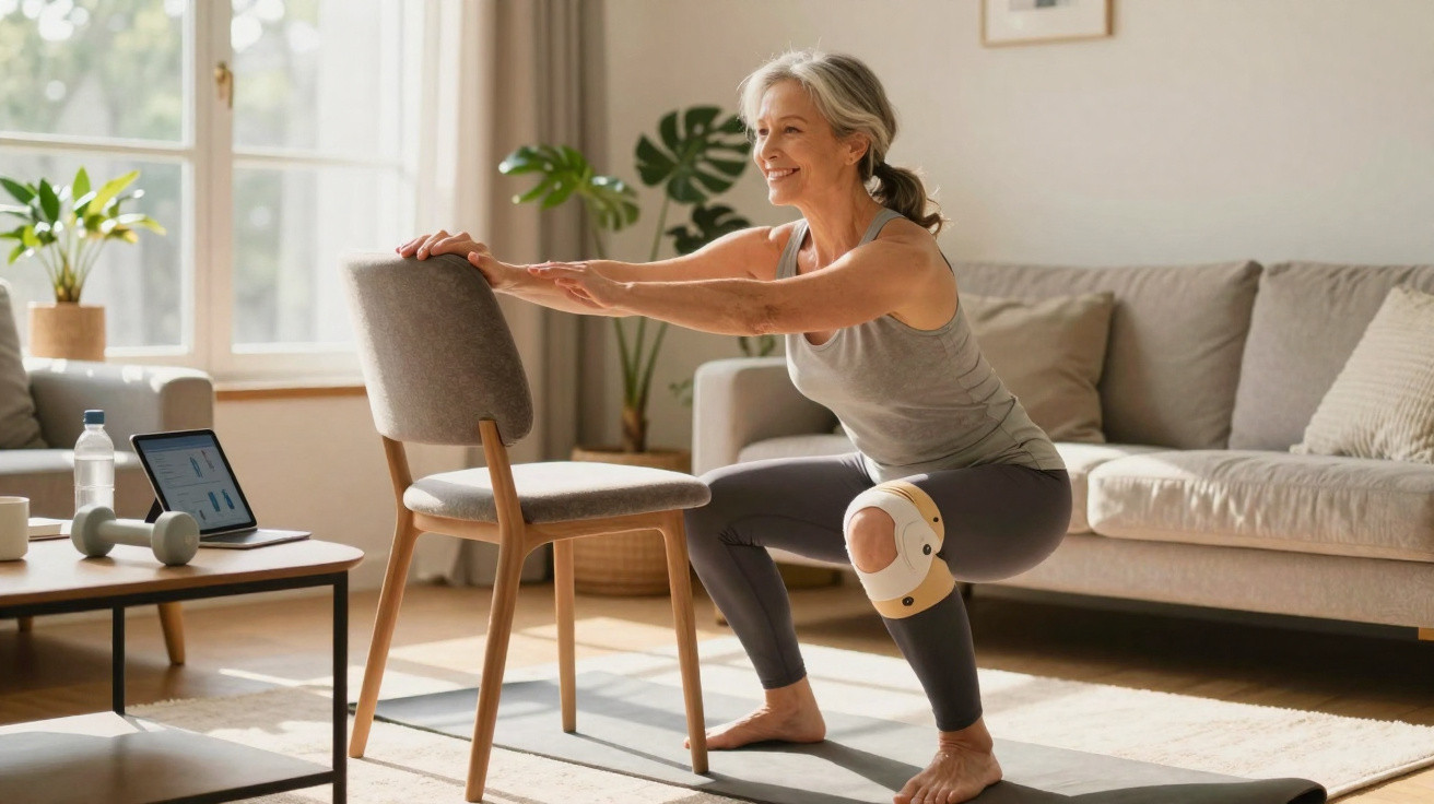 Mulher sénior a fazer exercício em casa usando uma cadeira para apoio e um joelho ortopédico.