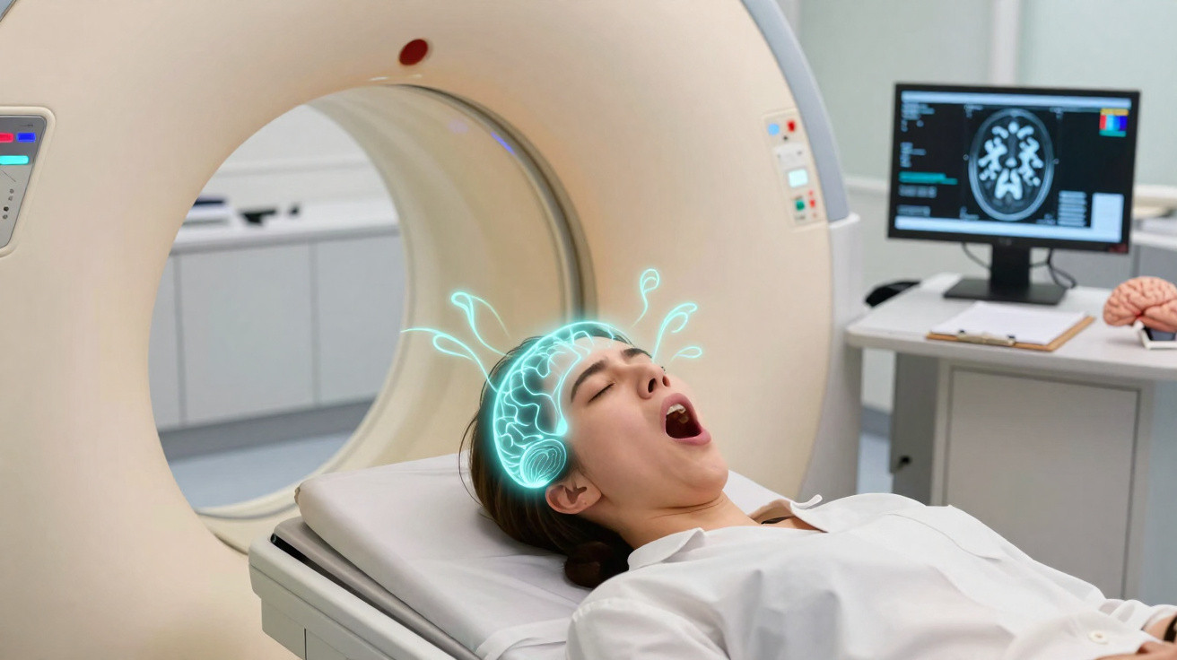 Mulher deitada em máquina de ressonância magnética com ilustração digital de cérebro em destaque.