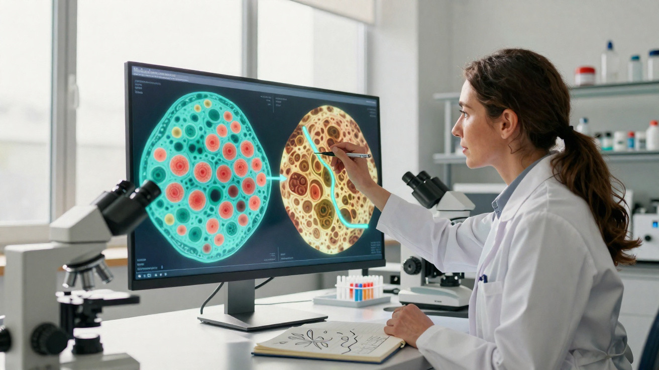 Cientista analisa imagens digitais de células ao microscópio em laboratório moderno.