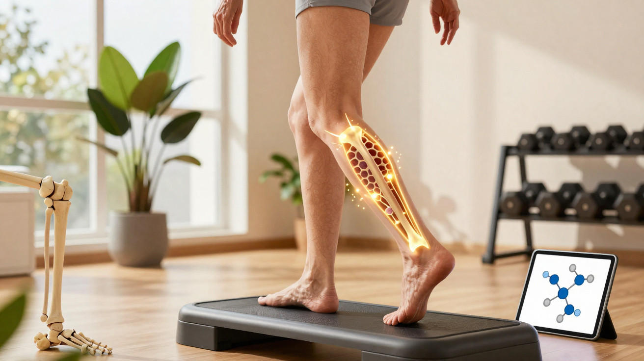 Pessoa em pé numa plataforma de exercício, com destaque digital nos ossos e músculos da perna.