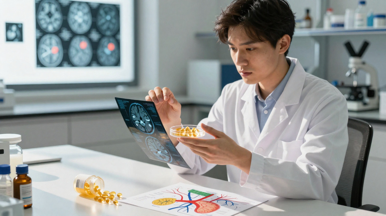 Médico a analisar uma radiografia cerebral enquanto segura cápsulas amarelas numa placa de Petri.