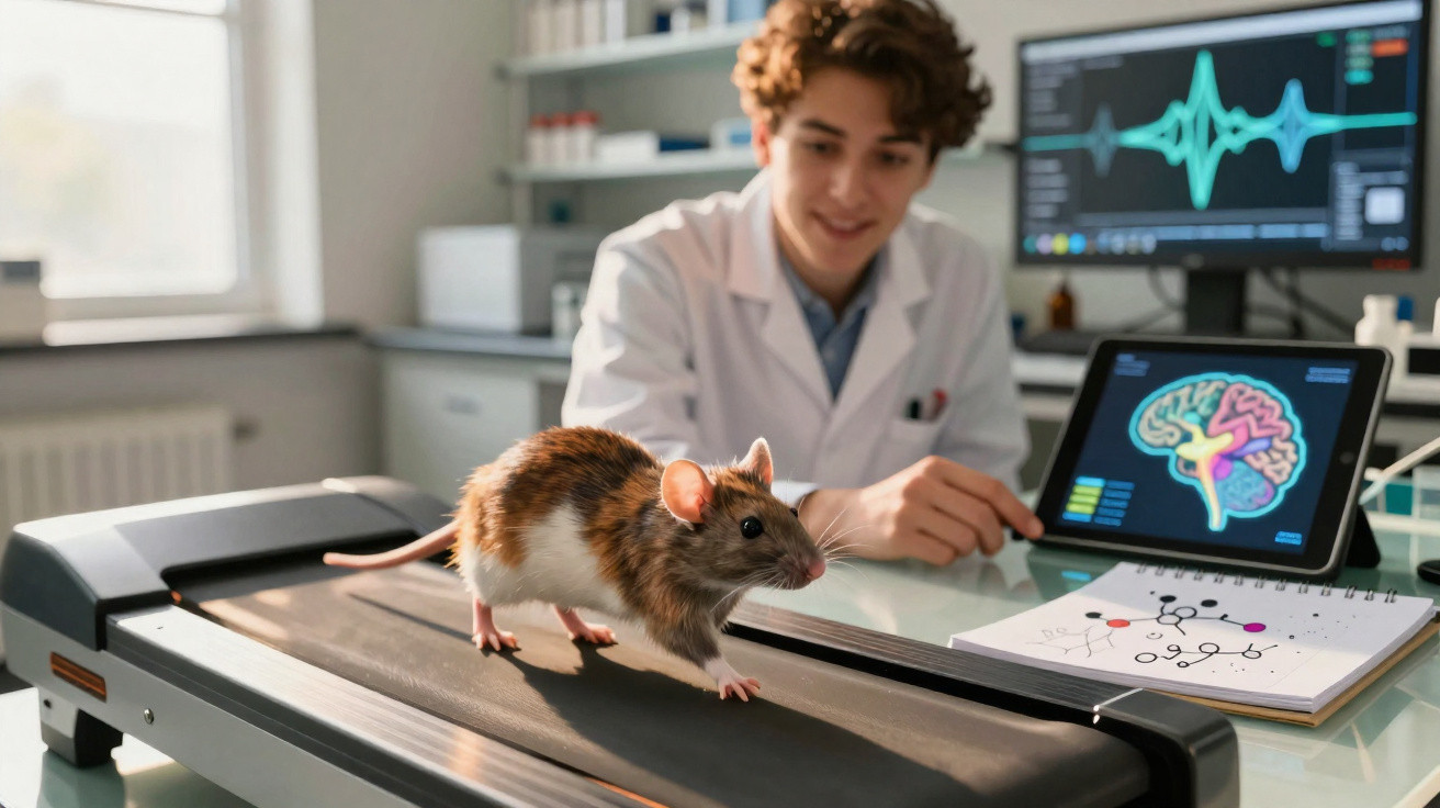 Rato num tapete rolante de laboratório, com cientista e imagens de cérebro num tablet ao fundo.