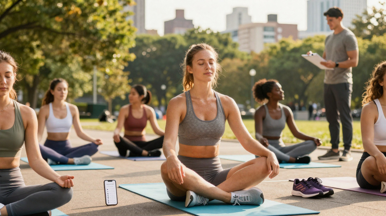 Grupo de jovens a praticar meditação ao ar livre num parque urbano, com um instrutor a observar.