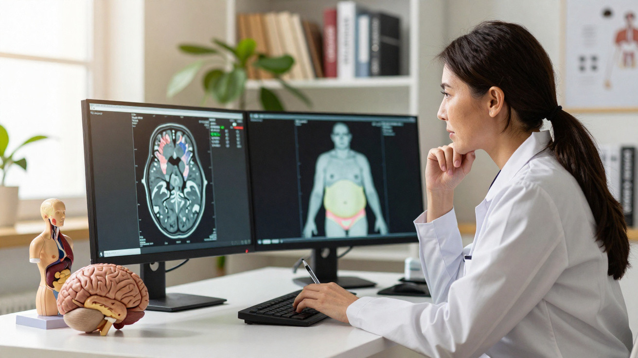 Médica analisando imagens médicas de um cérebro e corpo humano em dois ecrãs num consultório.