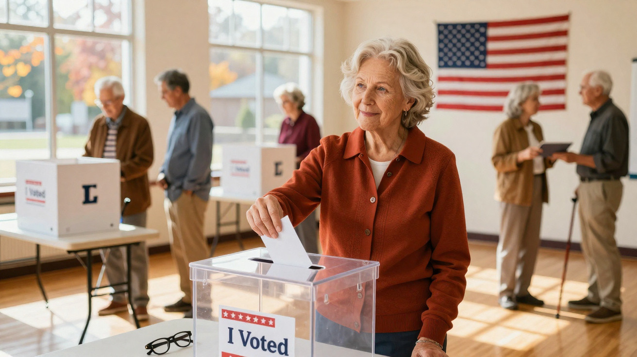 Mulher idosa a votar numa urna transparente numa sala de votos com bandeira americana ao fundo