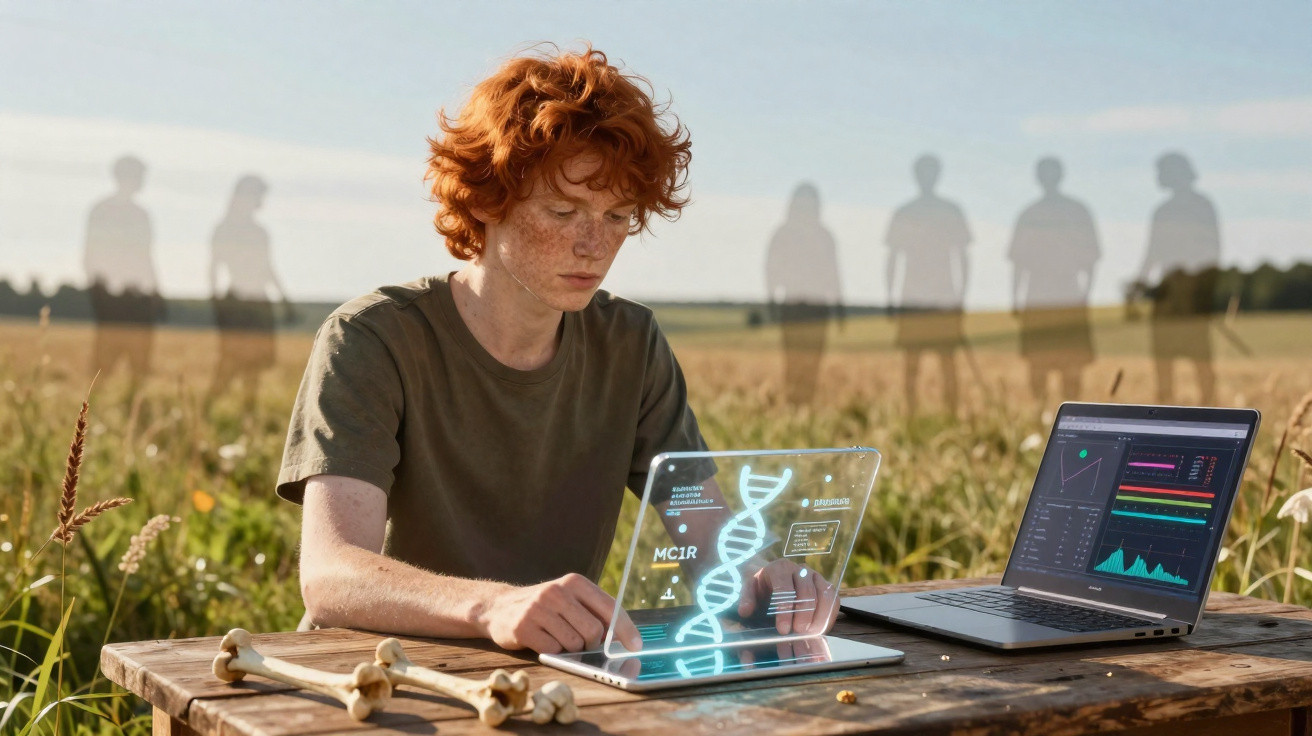 Jovem ruivo analisa dados genéticos num campo aberto com holograma de DNA e computador portátil.