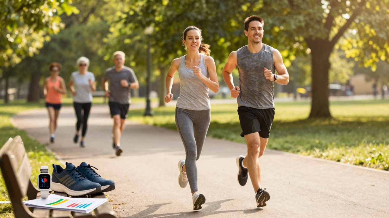 Casal a correr num parque ensolarado, com outras pessoas a correr ao fundo e ténis numa bancada.
