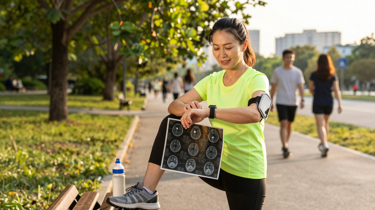 Mulher em roupa desportiva a olhar para relógio durante exercício ao ar livre, segurando imagens médicas.