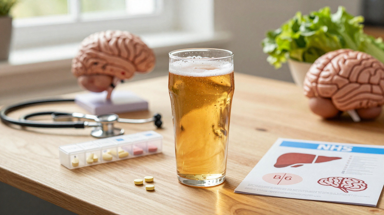 Copo de cerveja com comprimidos, modelos de cérebro, estetoscópio e folheto médico numa mesa de madeira.
