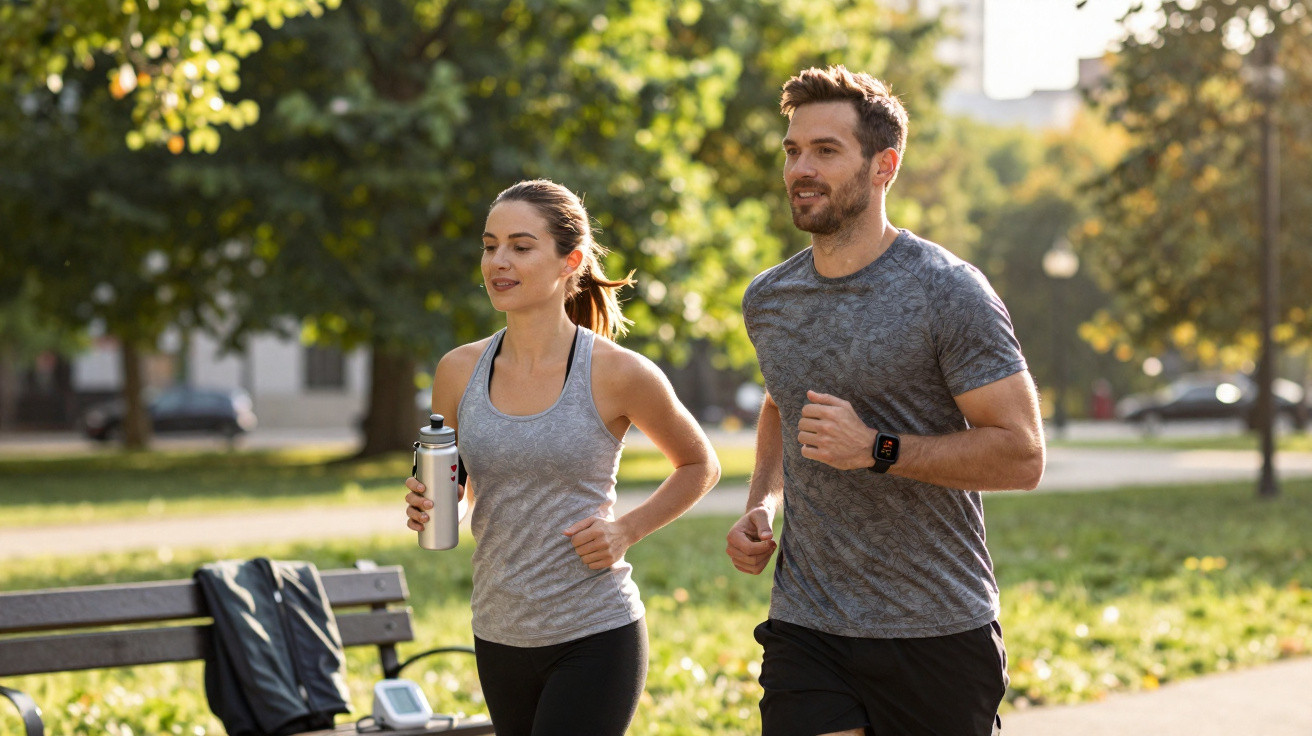 Casal jovem a correr num parque com roupa desportiva e garrafa de água numa mão numa manhã ensolarada.