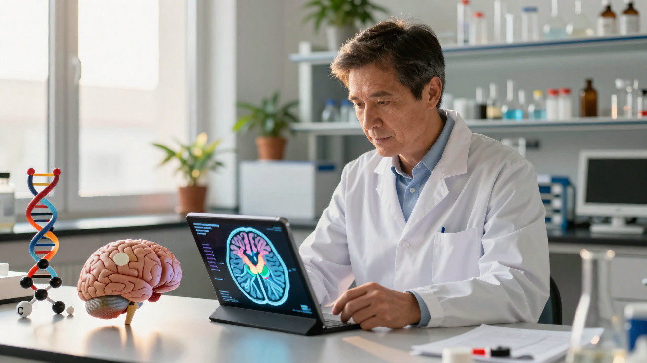 Cientista em laboratório a analisar imagens cerebrais num tablet, com modelos de cérebro e DNA na mesa.