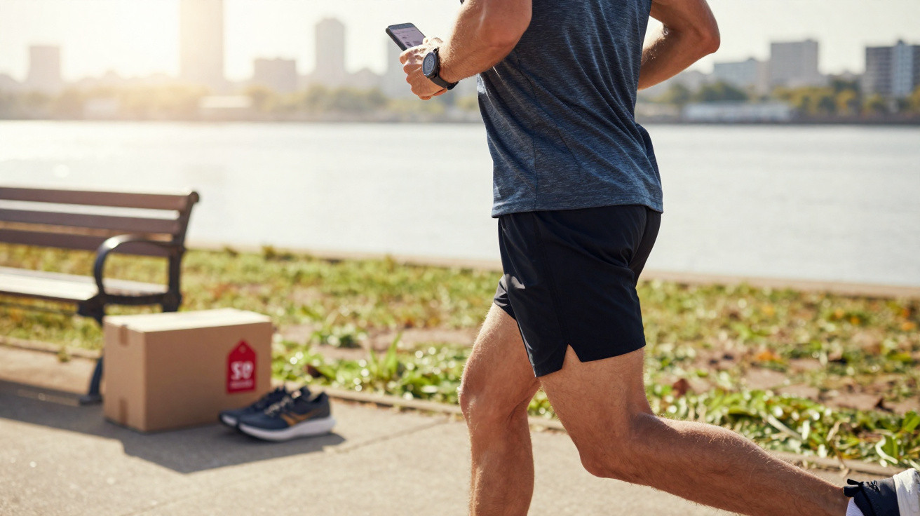 Pessoa a correr junto a um rio, a usar telefone e vestuário desportivo, com banco e sapatilhas ao fundo.
