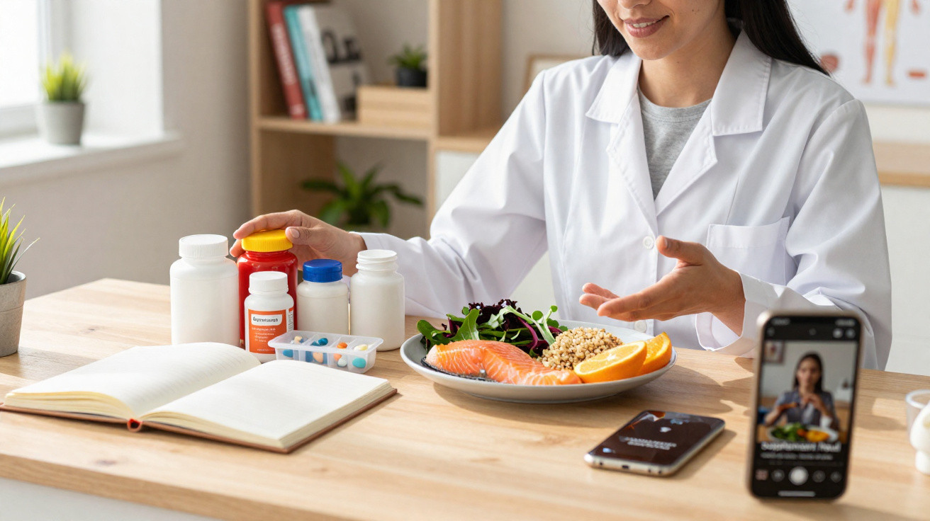 Nutricionista explica alimentos saudáveis e suplementos ao gravar vídeo para redes sociais.