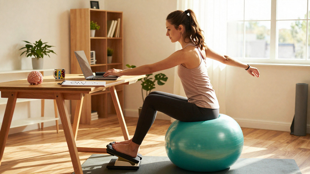 Mulher sentada em bola de exercício a trabalhar num computador portátil numa sala iluminada e espaçosa.