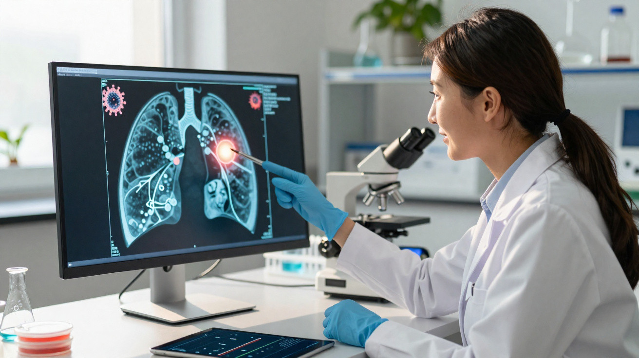Cientista em laboratório analisa raios X dos pulmões com luz indicando área infetada por vírus.