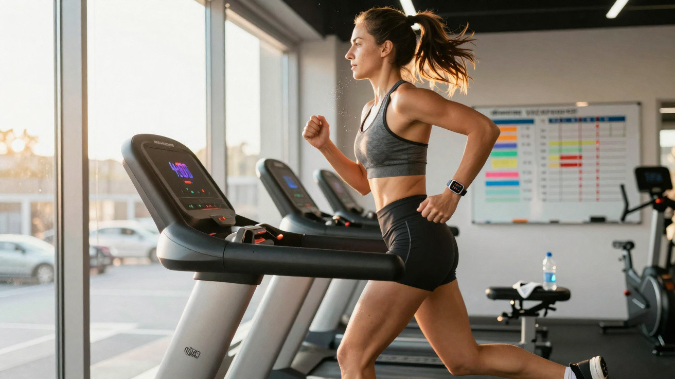 Mulher a correr numa passadeira numa academia com luz natural a entrar pela janela.