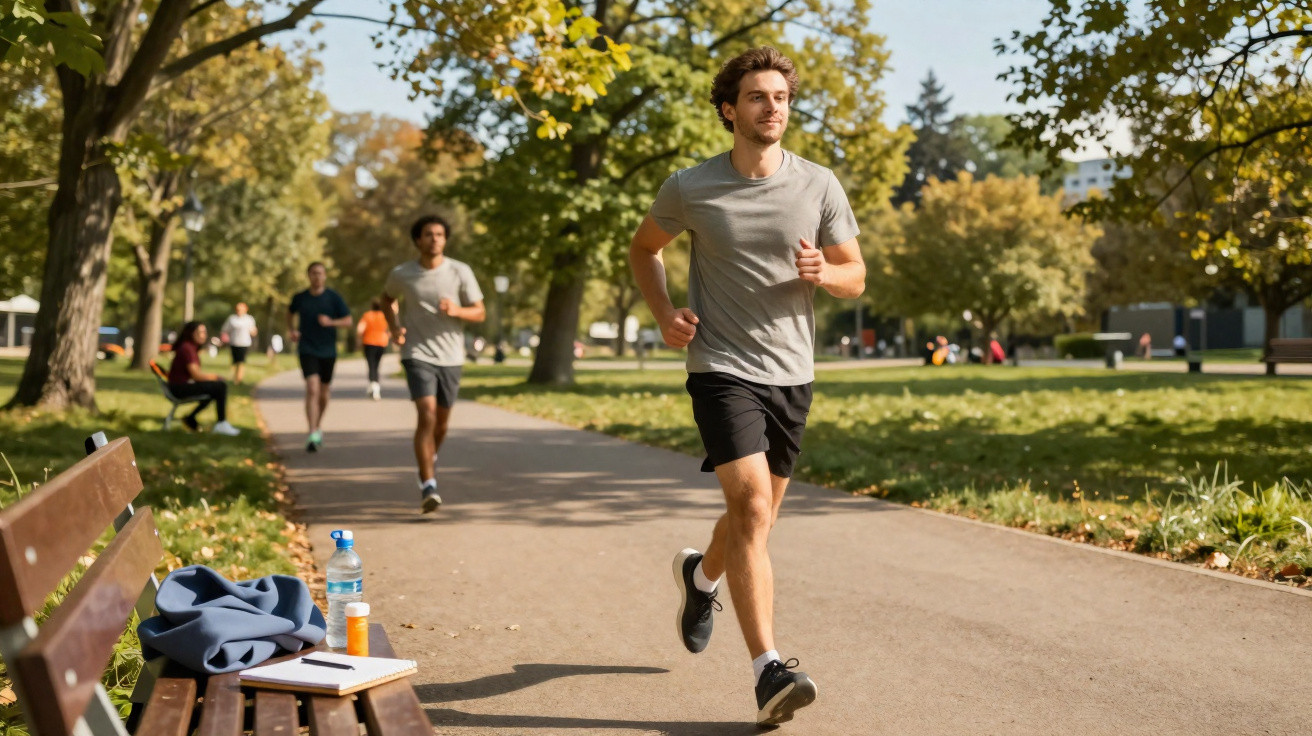 Homem a correr num parque urbano com árvores e outras pessoas a correr ao fundo.