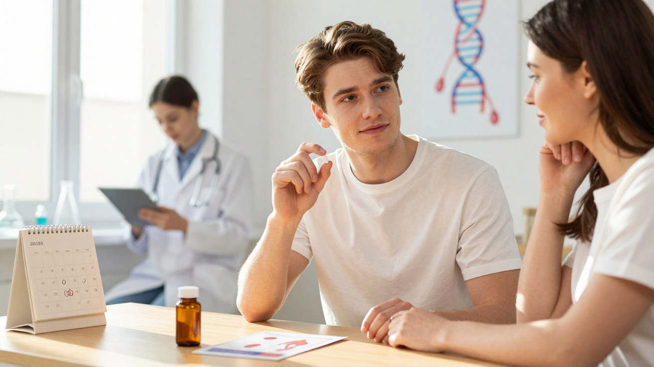 Homem a conversar com mulher numa consulta médica, com médica ao fundo a analisar dados num tablet.