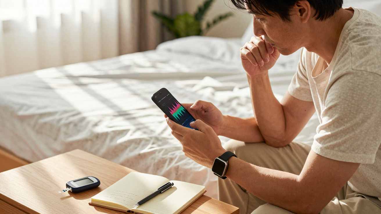 Homem sentado junto à cama a analisar dados de saúde no telemóvel, com medidor de glicose e caderno na mesa.