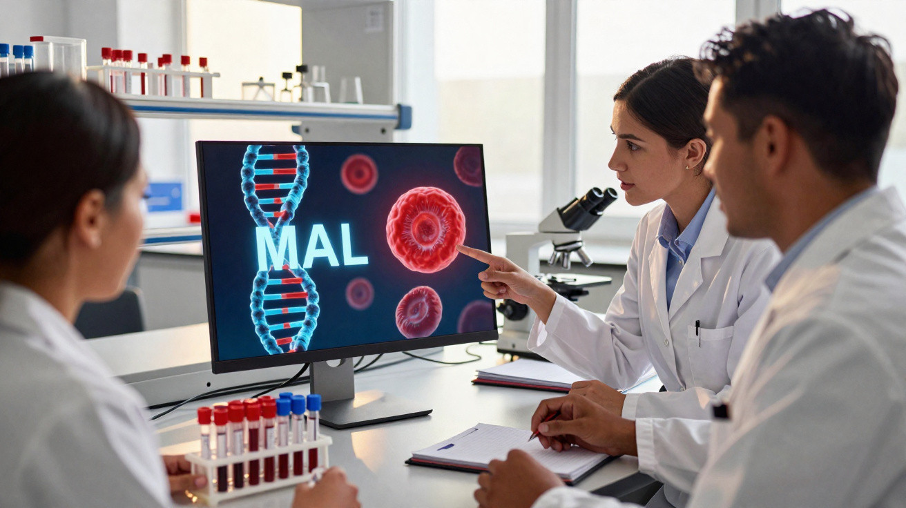 Cientistas em laboratório analisam no computador imagens de DNA e células vermelhas com a palavra "MAL".