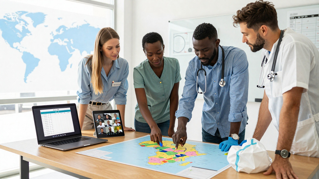Equipa médica diversa a discutir planos sobre um mapa de África numa reunião com videoconferência.