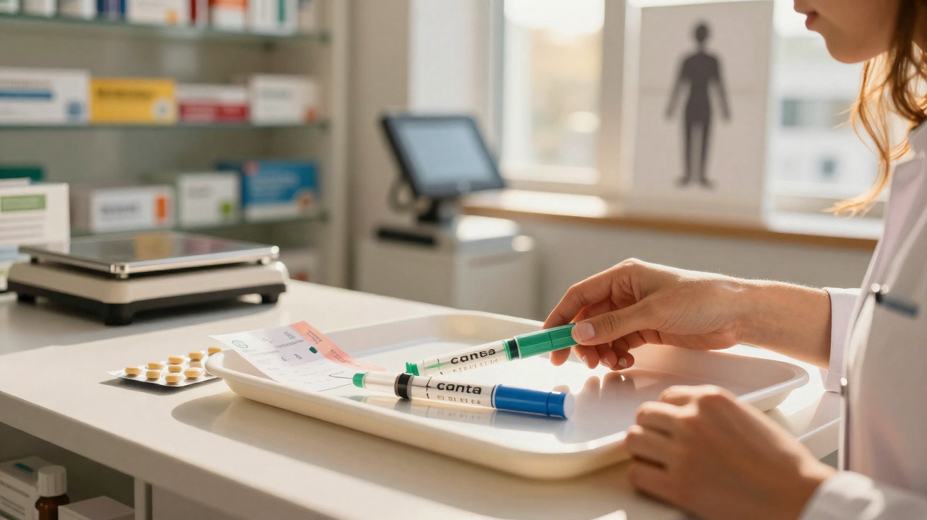 Mãos de profissional de saúde a manusear seringas com medicamentos numa farmácia.
