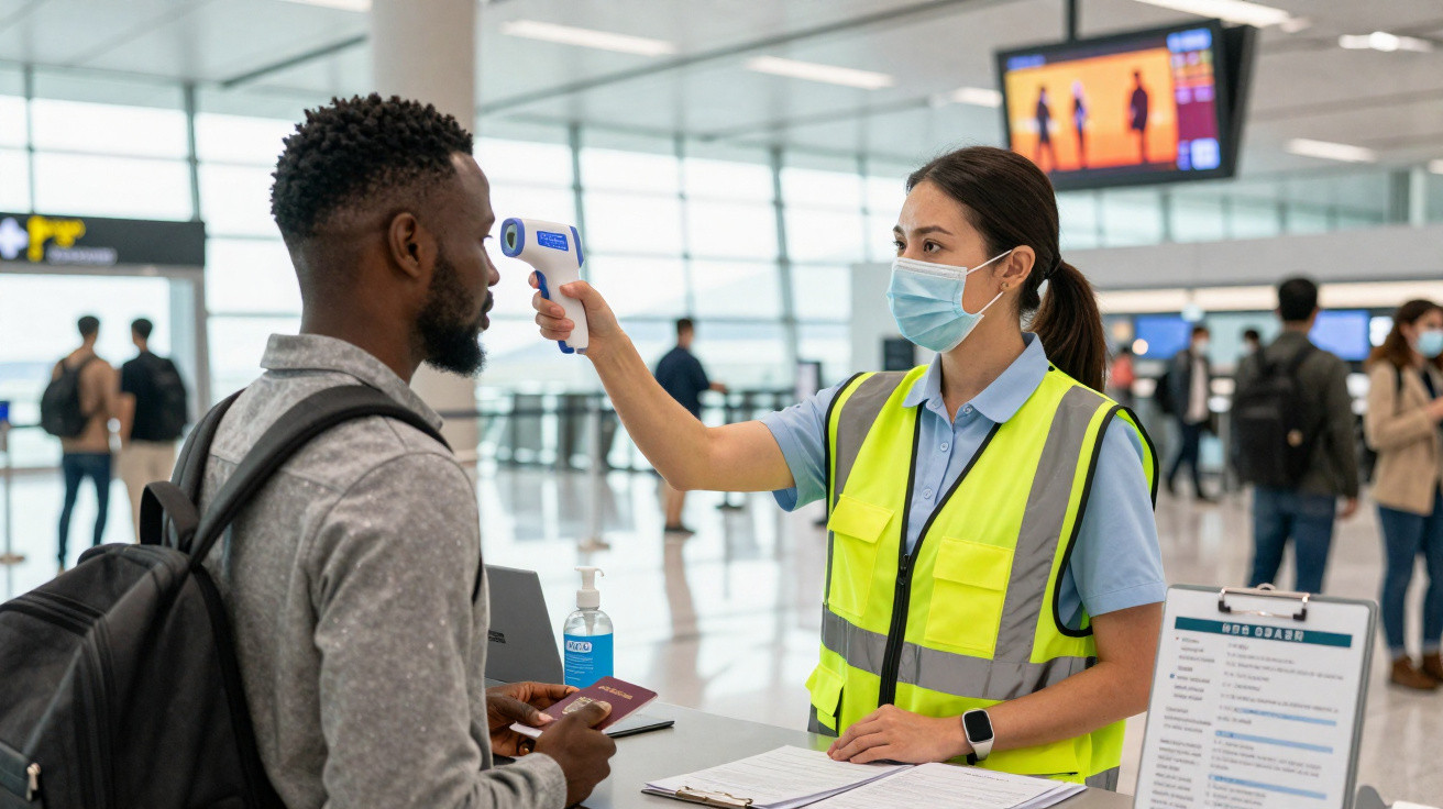 Funcionária em colete amarelo mede temperatura a passageiro com máscara num aeroporto.