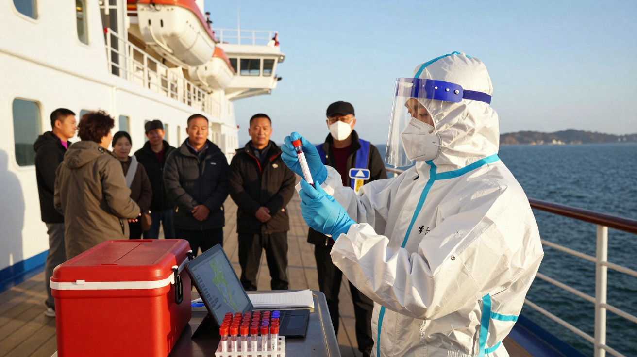 Profissional de saúde em fato de proteção recolhe amostra para teste a bordo de um navio, com passageiros ao fundo.
