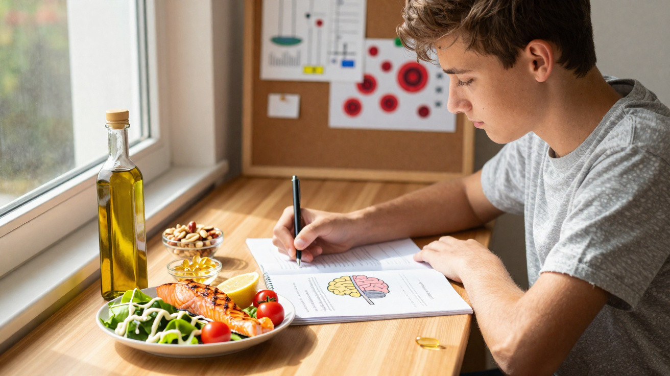 Rapaz a estudar num caderno sobre nutrição, com prato de comida saudável e suplementos na mesa junto à janela.