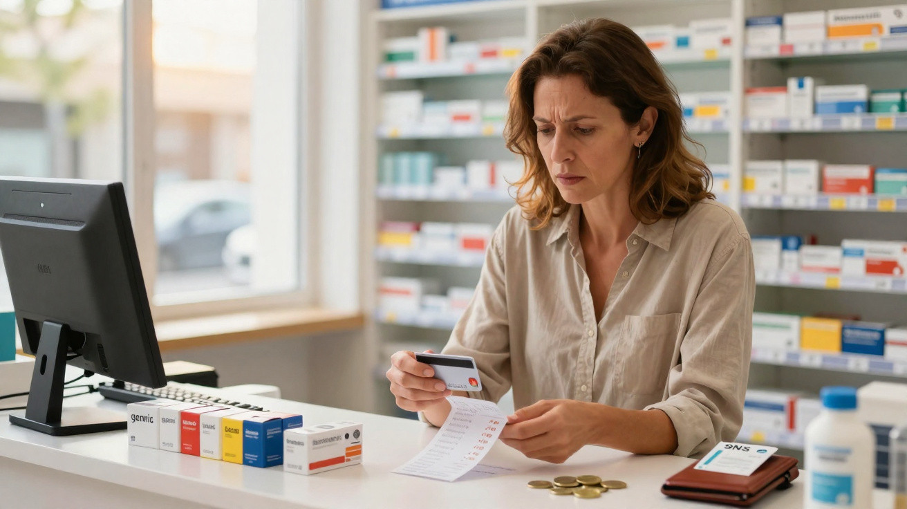 Funcionária de farmácia a verificar recibo e cartão de pagamento com produtos medicinais sobre o balcão.