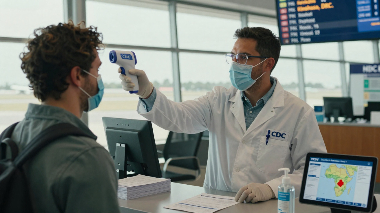 Profissional de saúde a medir a temperatura de um passageiro num aeroporto, ambos com máscara facial.