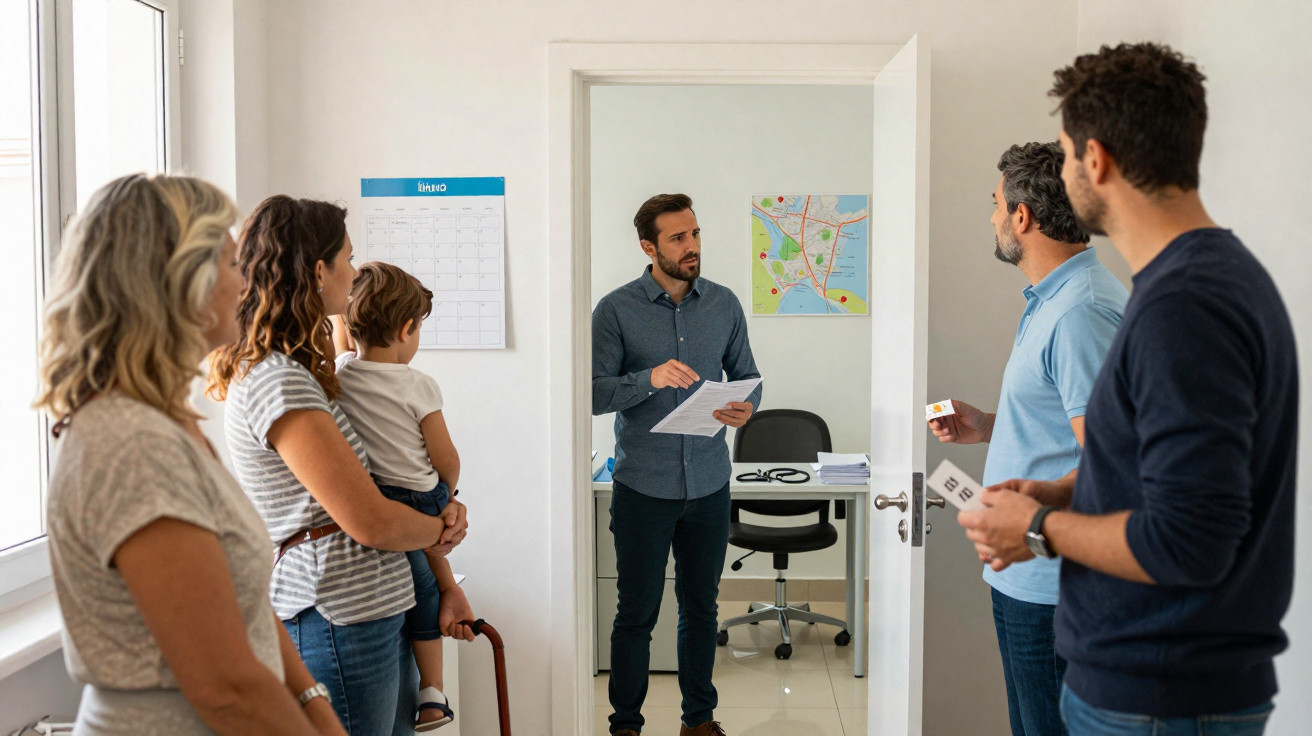 Homem fala a grupo de pessoas numa sala de consultas médicas com calendário e mapa na parede.