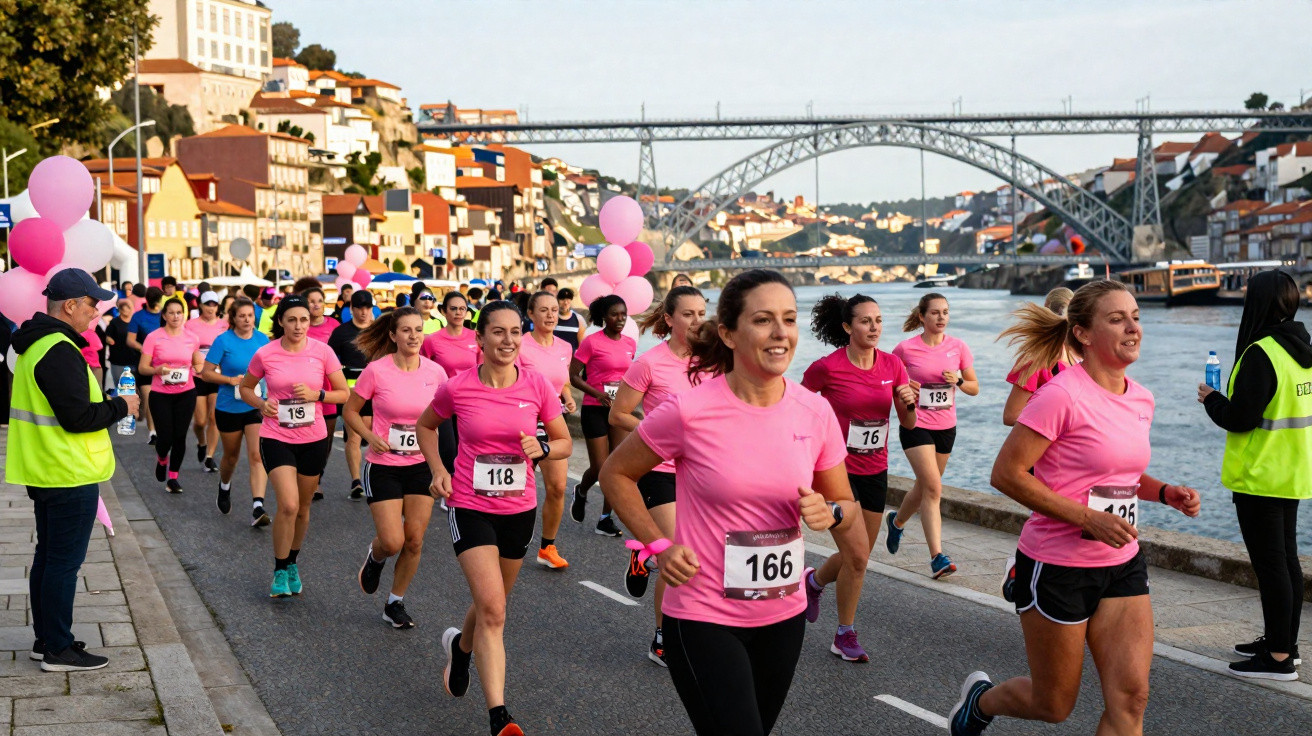 Mulheres a correr numa corrida solidária com camisolas cor-de-rosa junto a um rio e ponte ao fundo.