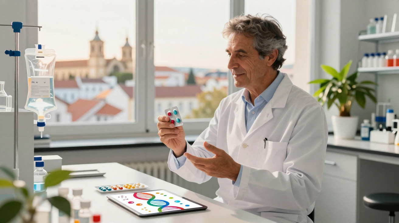 Cientista numa lâmpada branca num laboratório a segurar blister de comprimidos coloridos com tablet de ADN na mesa.