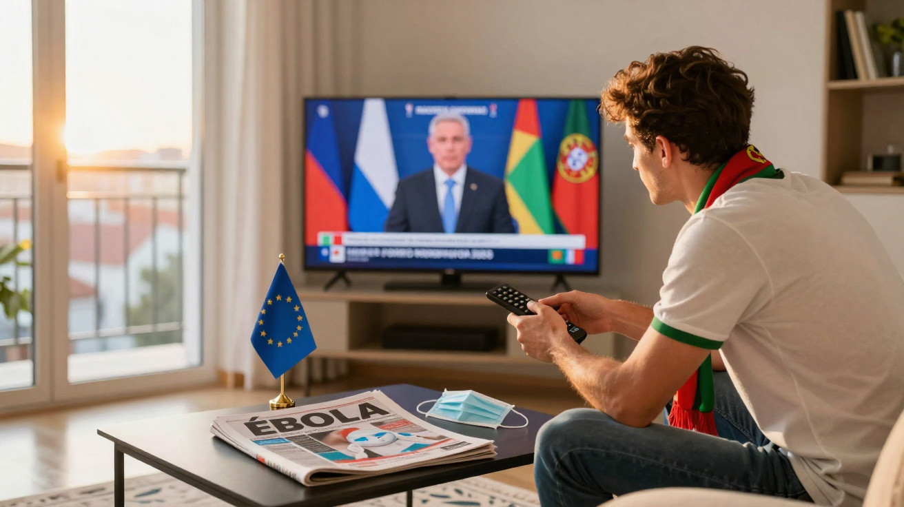 Homem sentado a ver televisão com notícia sobre política, jornal sobre Ébola e máscara na mesa.